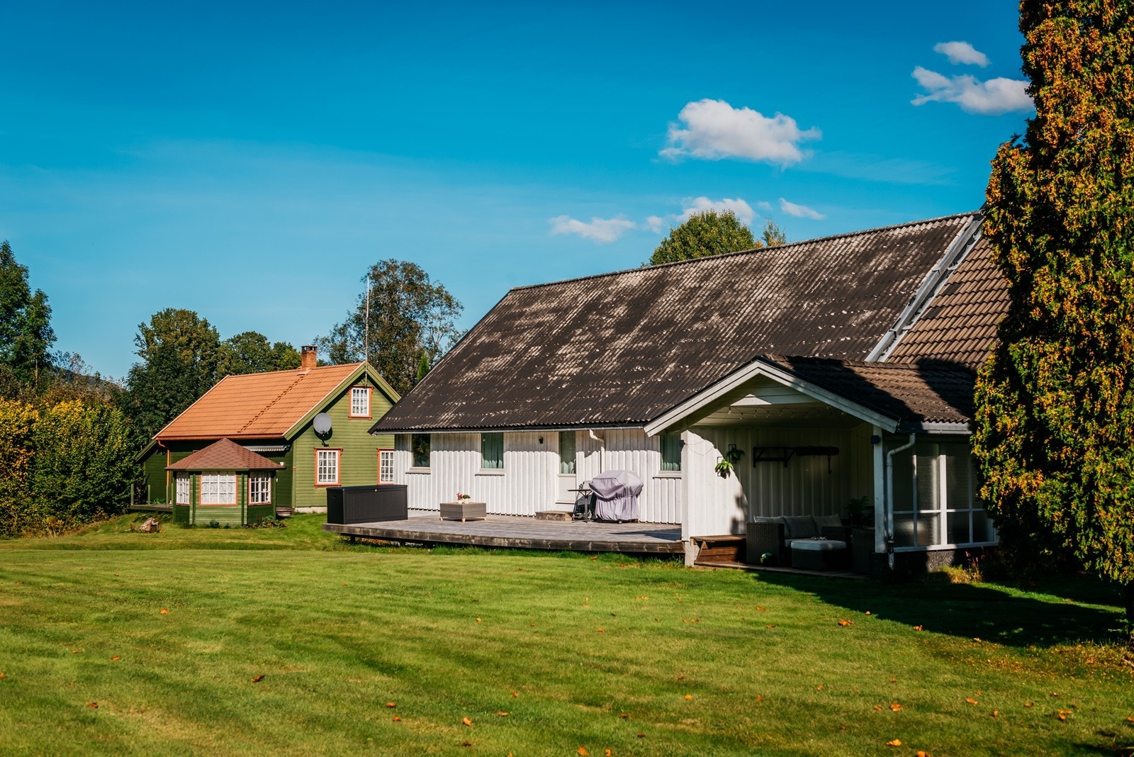 Hagen er solrik og romslig med flott plen, og beplantning. Galleribilde