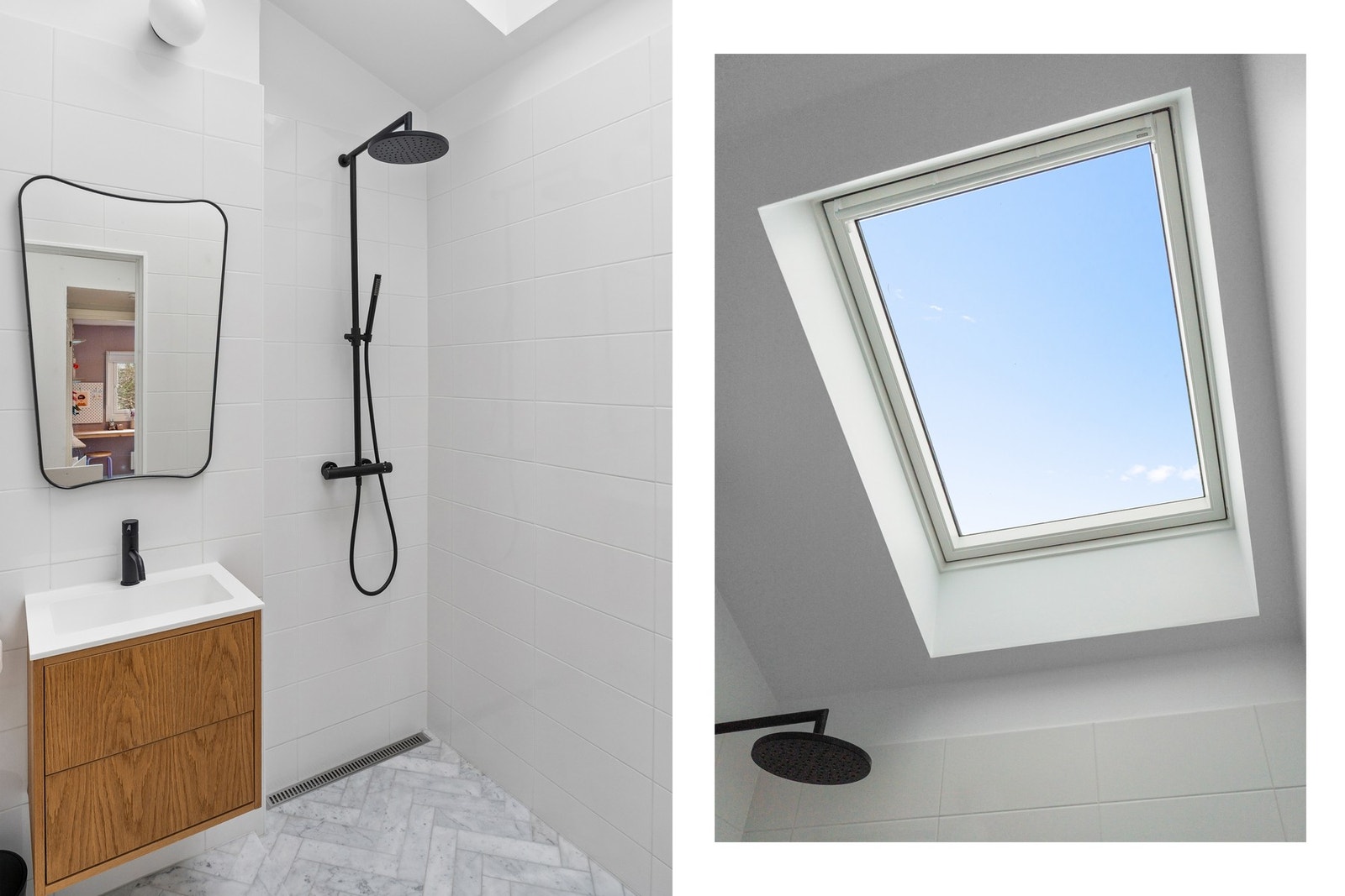 Badet har marmorfliser i fiskebeinsmønster og marmortopp over sisternen. Velux takvindu gir rikelig dagslys, og kuppellamper skaper lun belysning Galleribilde