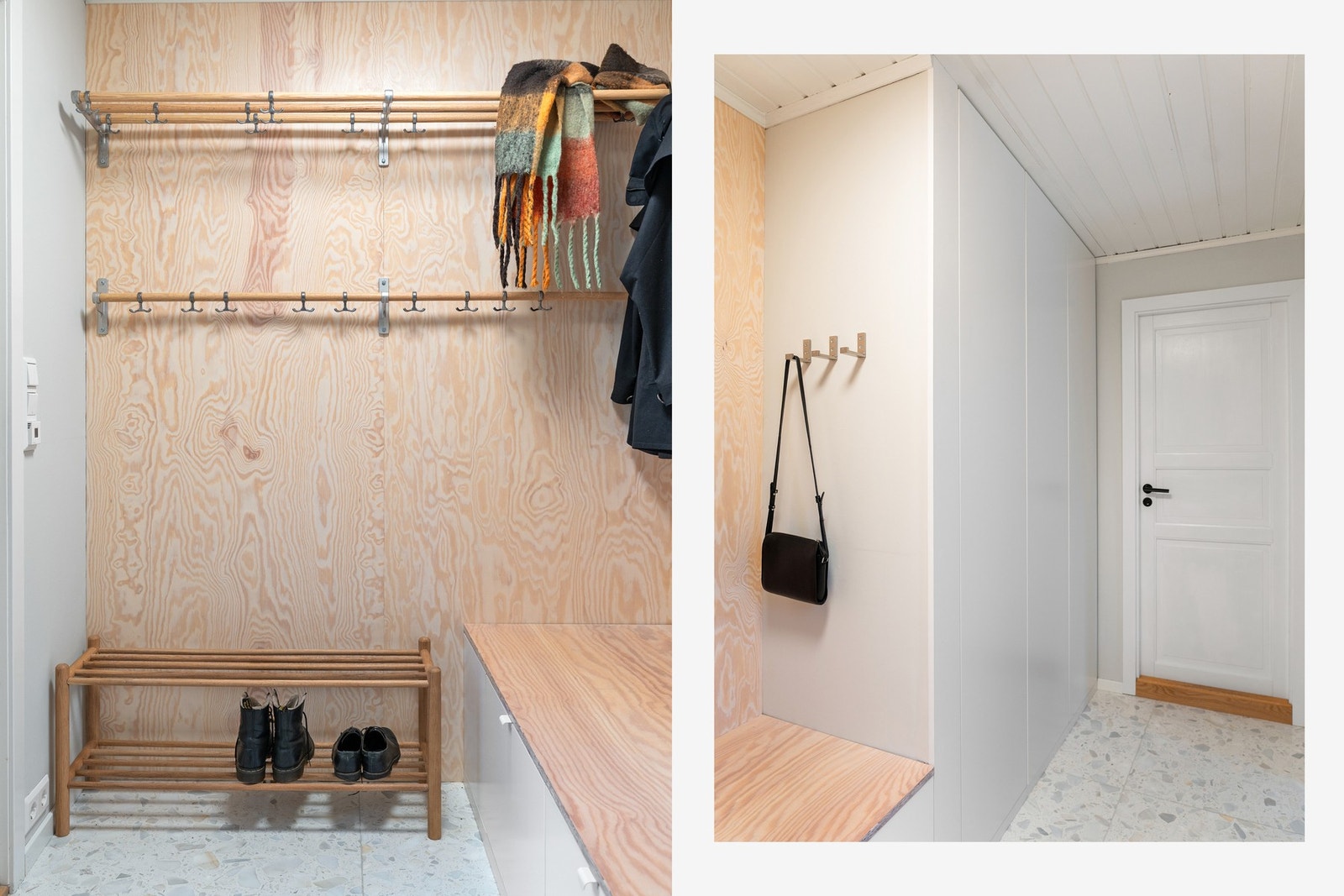 Innbydende inngangsparti oppgradert i 2024 med terrazzogulv, gulvvarme og smarte oppbevaringsløsninger - sittebenk med skuffer og garderobeskap fra gulv til tak Galleribilde