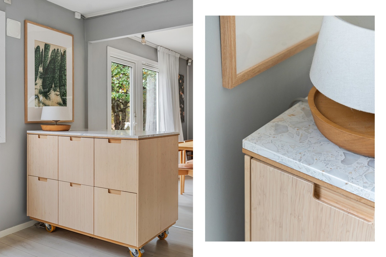 I tillegg har kjøkkenet en praktisk øy med bambusfronter (Ikea 2022) og benkeplate i terrazzo-stein (2022) - en flott og funksjonell detalj. Øyen står på låsbare hjul og kan enkelt flyttes ved behov Galleribilde