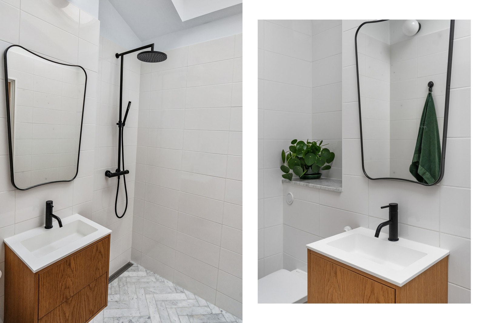 Badet i andre etasje ble smakfullt pusset opp i 2019 og rommet fremstår moderne og funksjonelt med lyse flater, gjennomtenkte detaljer og elegante materialvalg Galleribilde