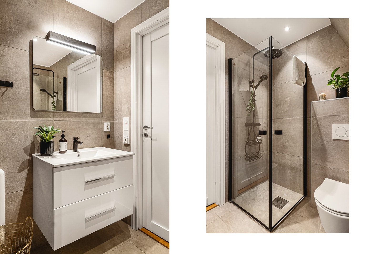 Inneholder innredning med servant, toalett, dusjhjørne, speil og belysning Galleribilde