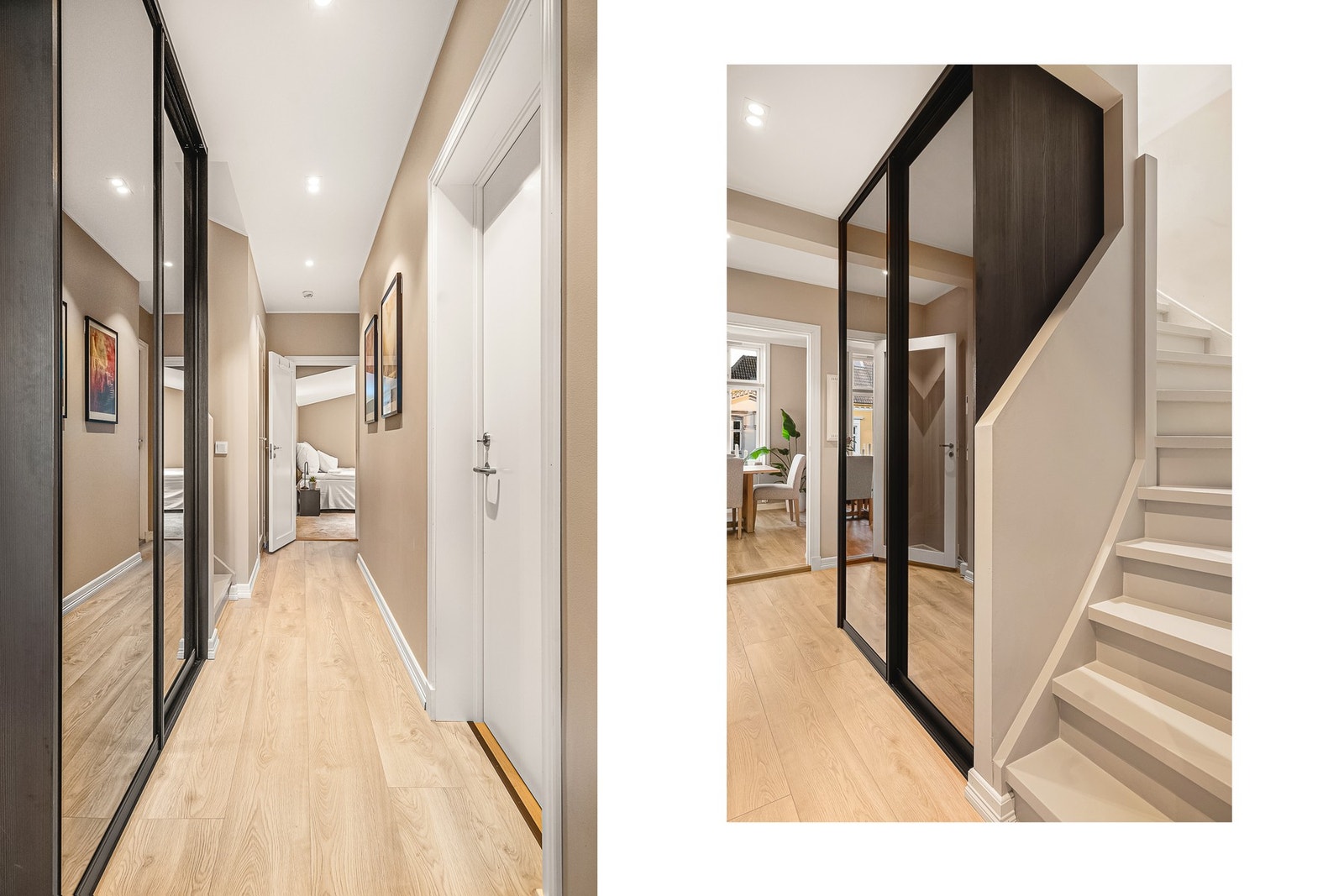 Lys og luftig entré med god plass til oppbevaring av sko og yttertøy. Her finner man en stor og praktisk skyvedørsgarderobe med speilfronter Galleribilde