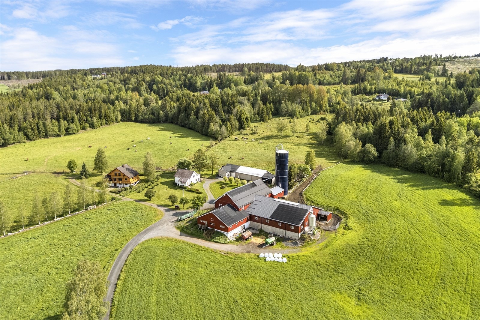 Eiendommen har en stor bygningsmasse med bl.a. våningshus og kårbolig, driftsbygninger og fritidsboliger Galleribilde