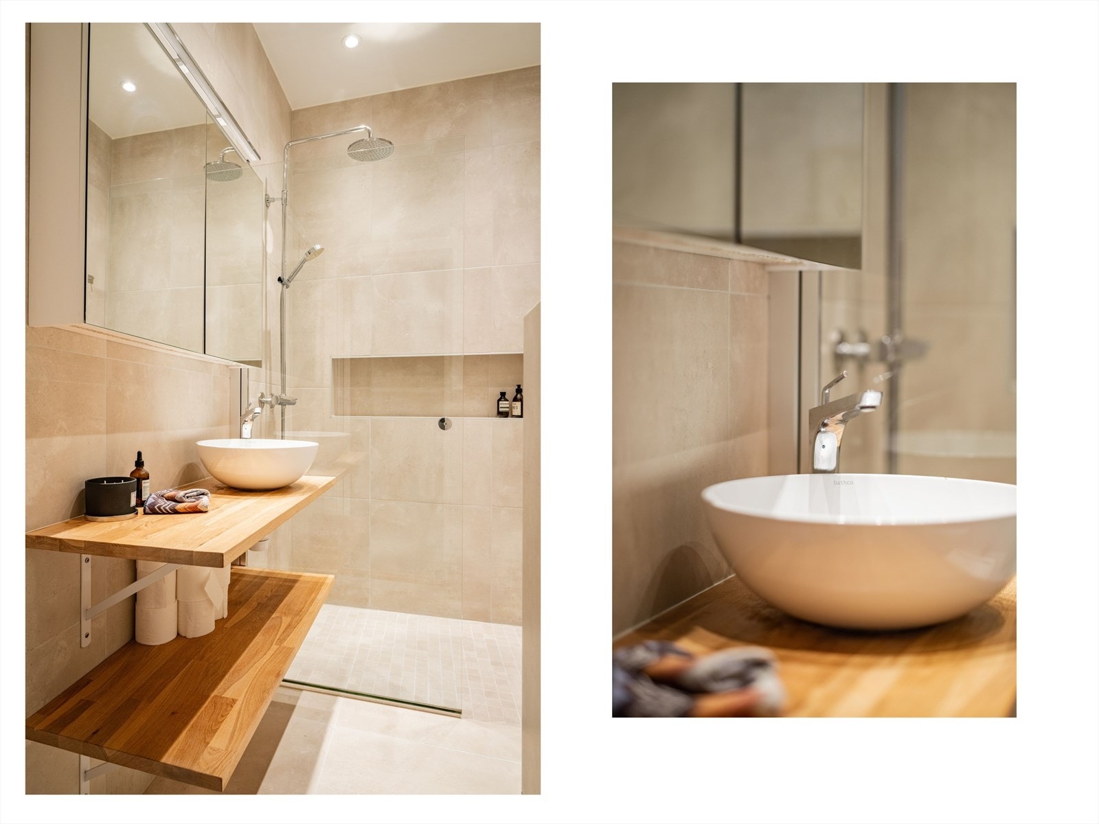 Badet har store fliser i lyse toner og varmekabler på gulv. Leiligheten disponerer halvparten av bod i gangen, med opplegg for egen vaskemaskin. Galleribilde
