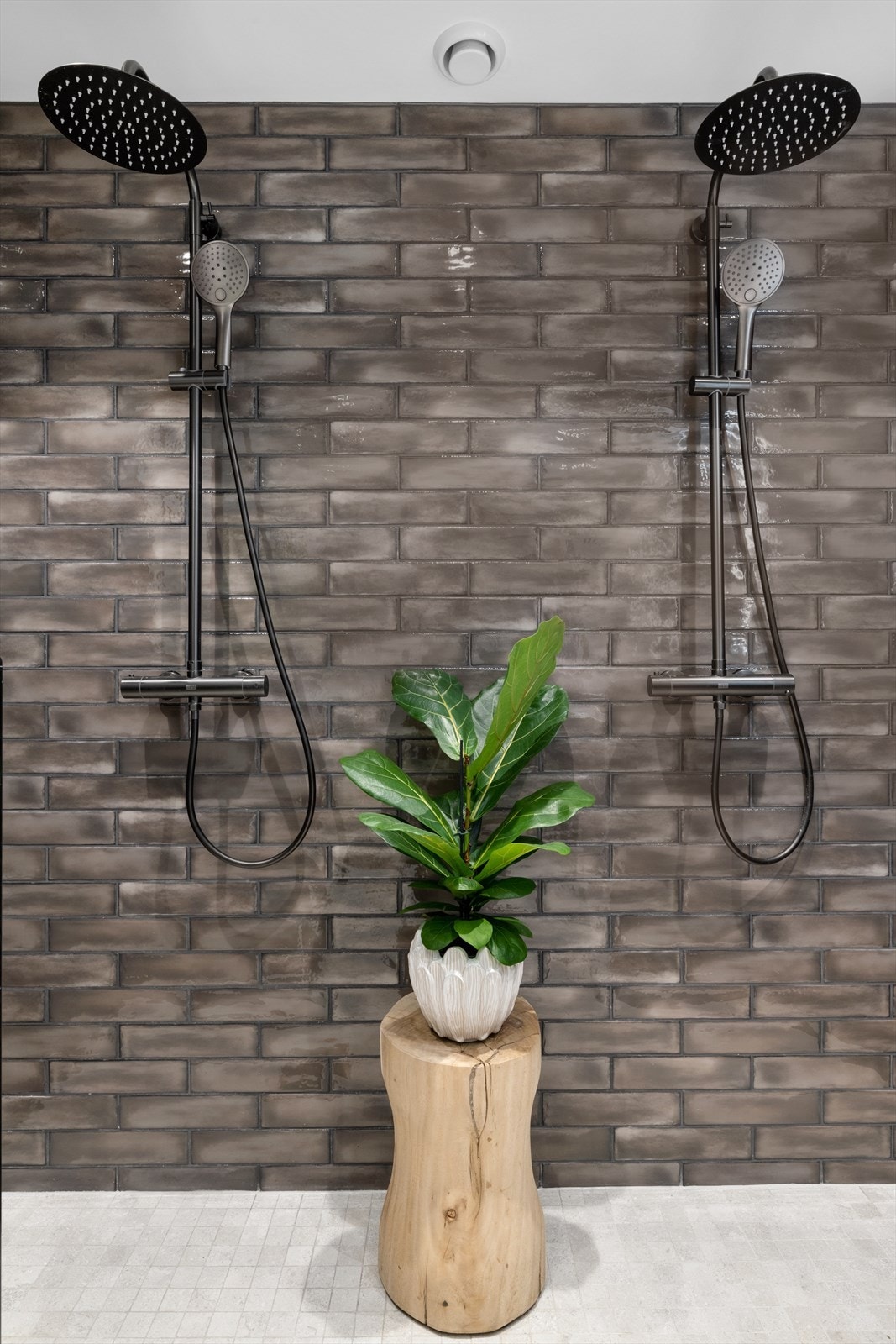 Lekker dusjnisje med glassdører og dobbel sett med regnfalls -og håndholdt dusj Galleribilde