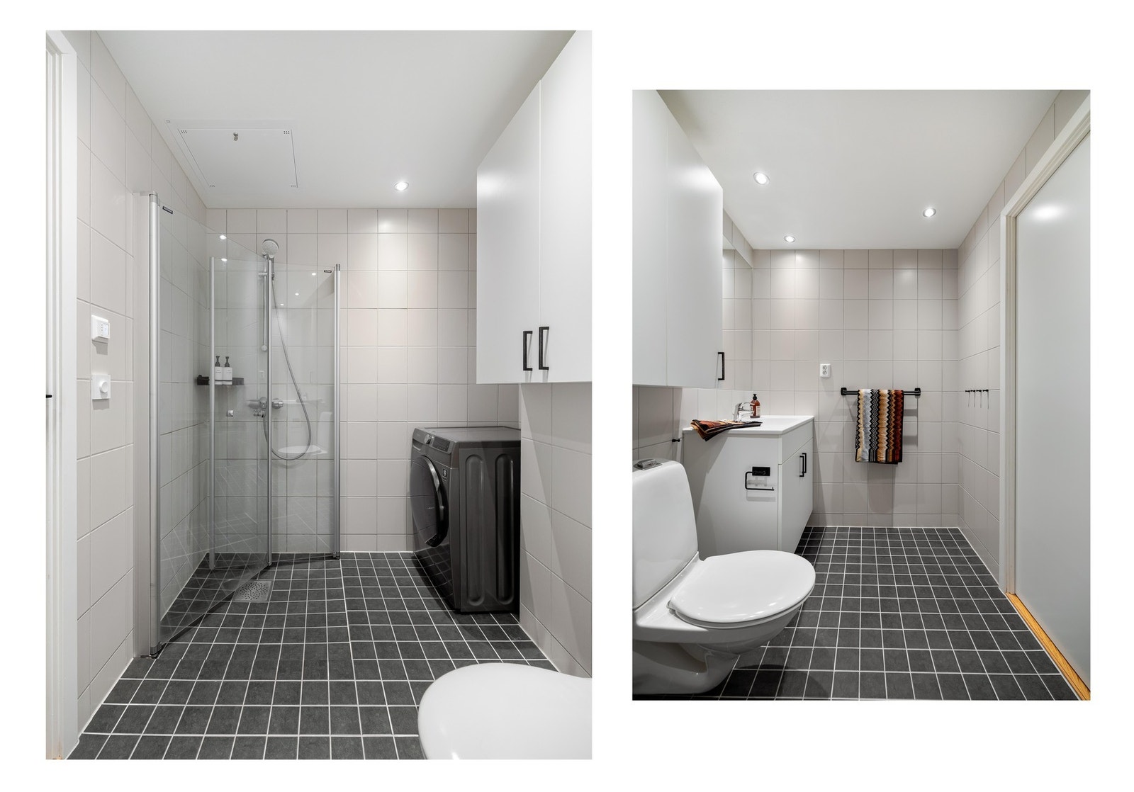 Her er ellers alt du trenger av vaskemaskin, oppbevaringsplass, gulvvarme og dimbare downlights i tak. Det er plass til tørketrommel over vaskemaskin hvis ønskelig. Galleribilde