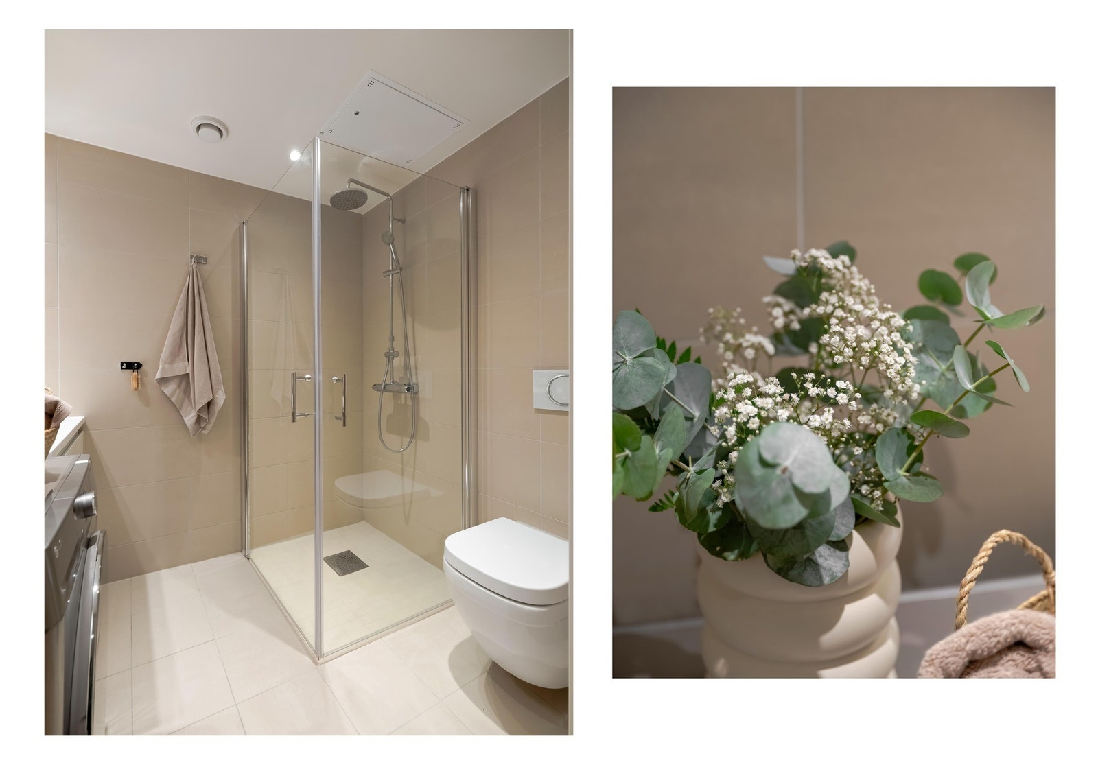 Badet er innredet med dusjsone, toalett og servantskap med speil på vegg. I gulvet er det lun varme (vannbåren) og downlights i tak for god belysning. Galleribilde