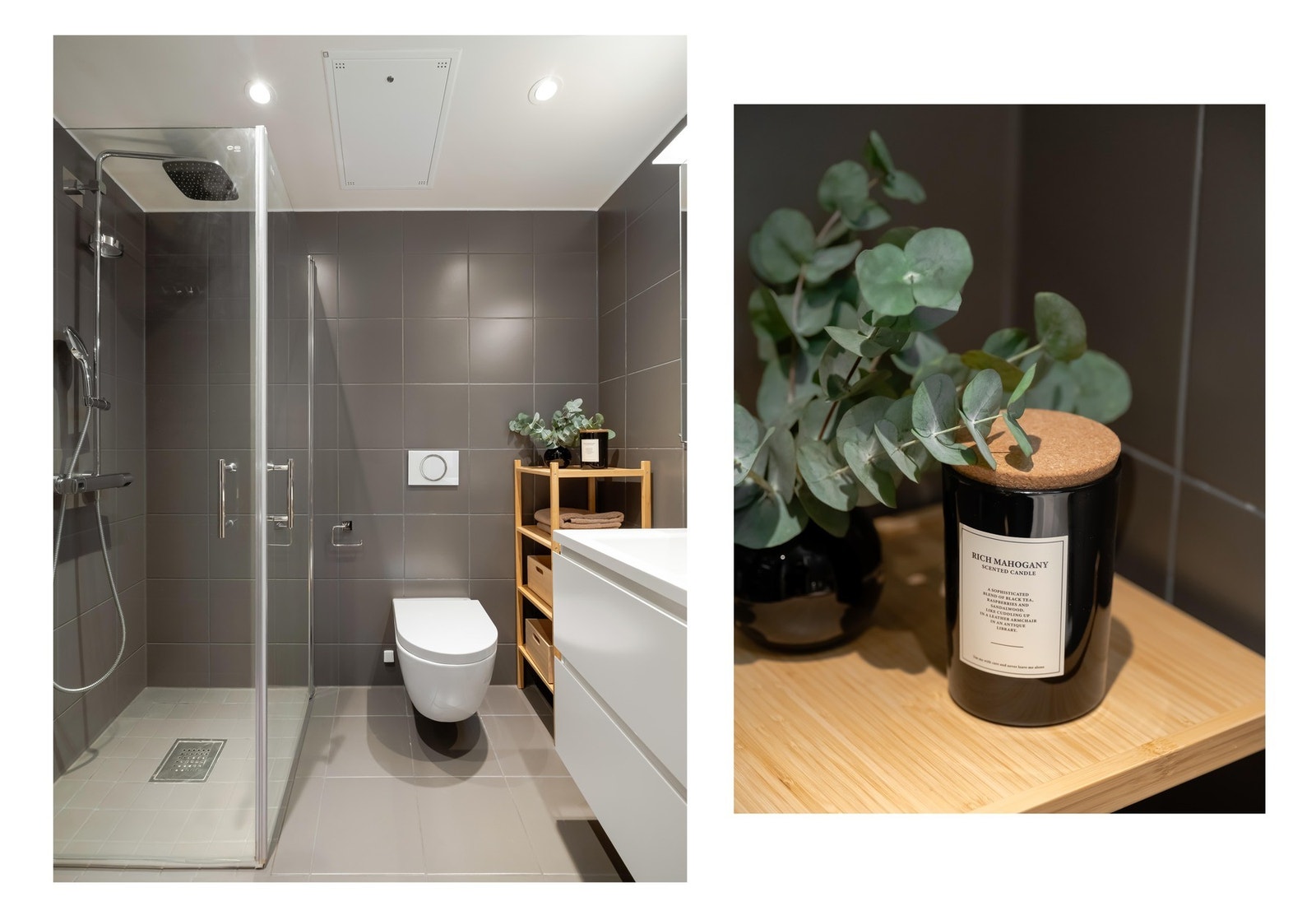 Badet er pent flislagt og innredet med dusjsone, toalett og servantskap med speil på vegg. Galleribilde