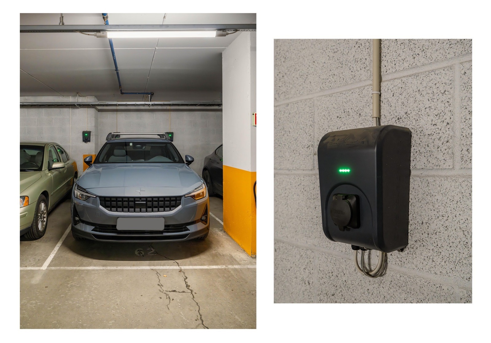 Det medfølger en privat parkeringsplass i oppvarmet garasjeanlegg i kjelleren. På plassen er det montert lader til elbil. Galleribilde