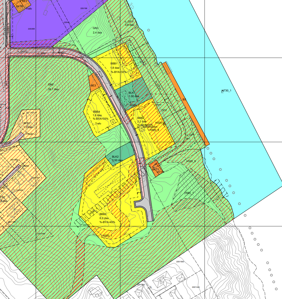 Boligbebyggelse, blokkbebyggelse BBB1 - BBB4
Energianlegg - trafo BE1 - BE3
Øvrig kommunalteknisk anlegg BKT1 - BKT2
Småbåtanlegg i sjø og vassdrag, privat BS
Lekeplass f_BLK1 - f_BLK2
Turveg o_GTV1
Natur/friomr. Gn1/GF1-GN4/GF3
Mer info se prospekt. Galleribilde