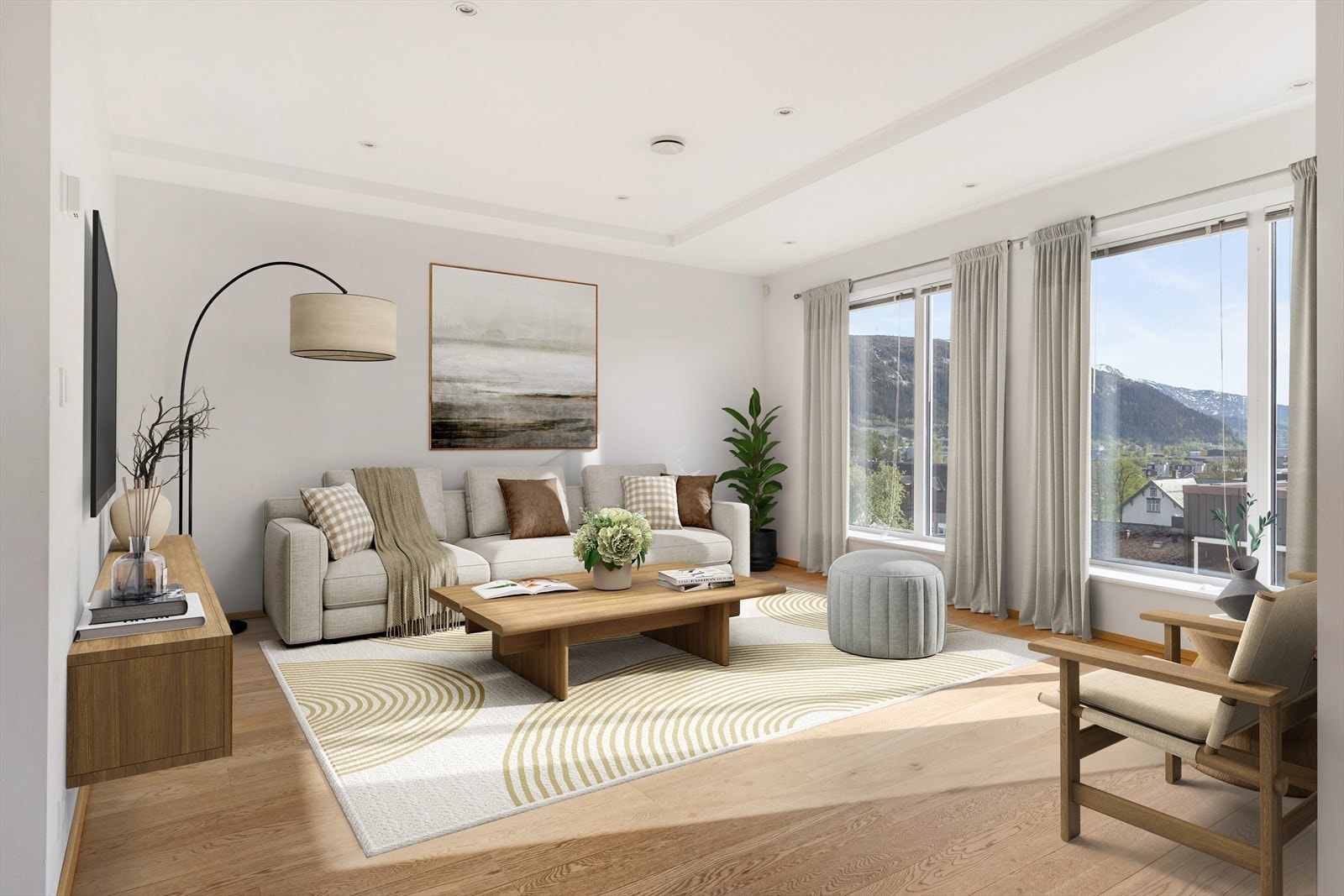 Stua er romslig på størrelse og innbyr til flere møbleringsmuligheter. (Digitalt møblert) Galleribilde