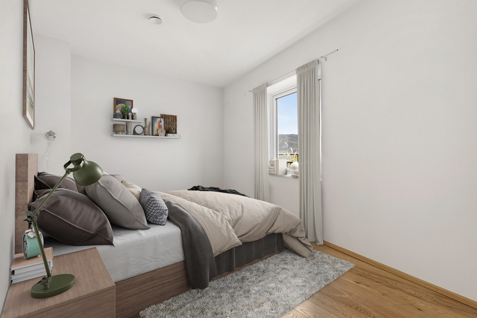 Hovedsoverommet har en meget raus størrelse. Du møblerer lett med dobbeltseng. (Digitalt møblert) Galleribilde