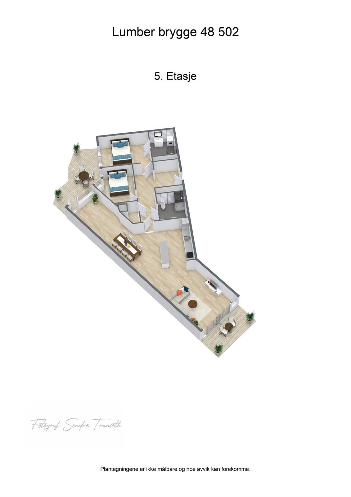 Planløsning Lumber Brygge 48, 5.etg.: entre, mellomgang, stor åpen stue/kjøkkenløsning med tilkomst til balkong på begge sider, 2 soverom, 2 bad, samt innvendig bod. I tillegg medfølger det 1 parkeringsplass og 1 ekstern bod i byggets underetg. Galleribilde