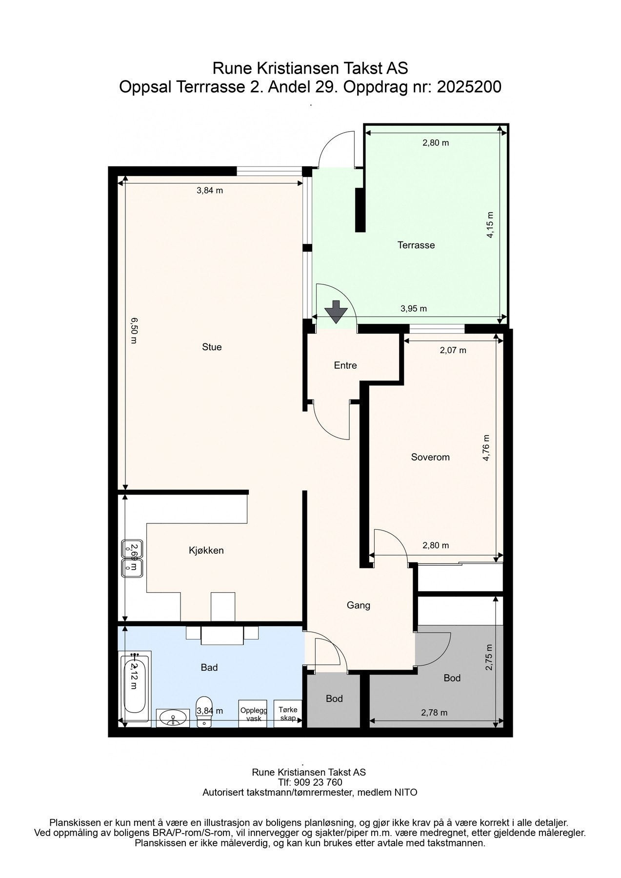 Leiligheten består av entré/gang, delvis åpen stue/kjøkkenløsning, baderom, soverom, 2 boder og 15 m2 terrasse. Galleribilde