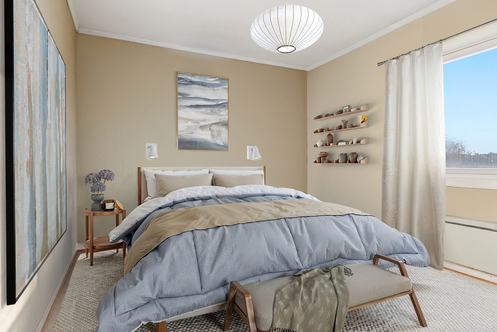 Eiendommen har tre soverom - dette har plass til dobbeltseng (digitalt stylet) Galleribilde