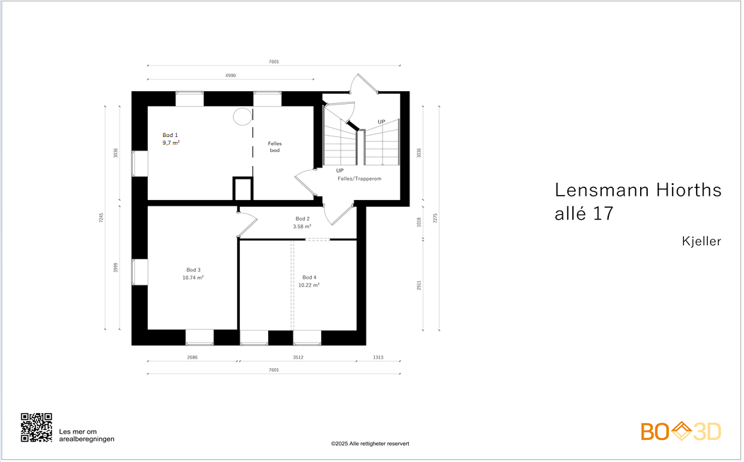 Plantegning kjeller. Striplet linje viser ca. grense mellom fellesareal og boligens areal. Galleribilde