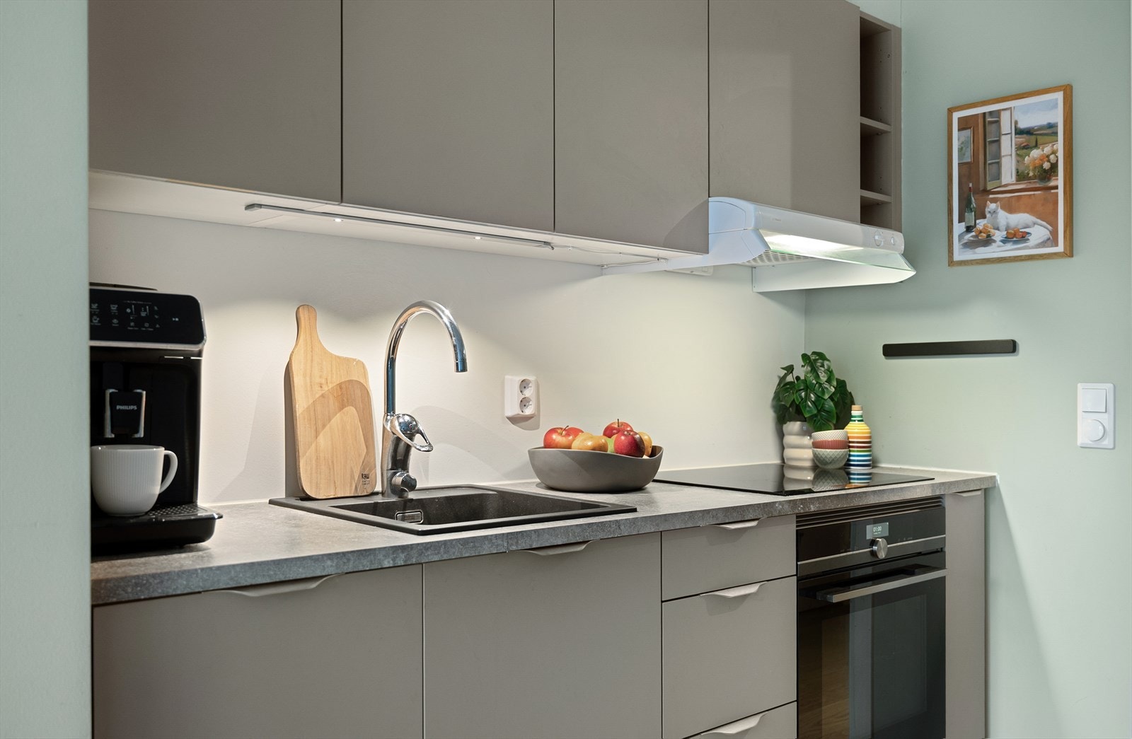 Kjøkkenet er utstyrt med platetopp, nedfelt kum, ettgreps blandebatteri, kombi kjøl/fryseskap, stekeovn og oppvaskmaskin. Galleribilde