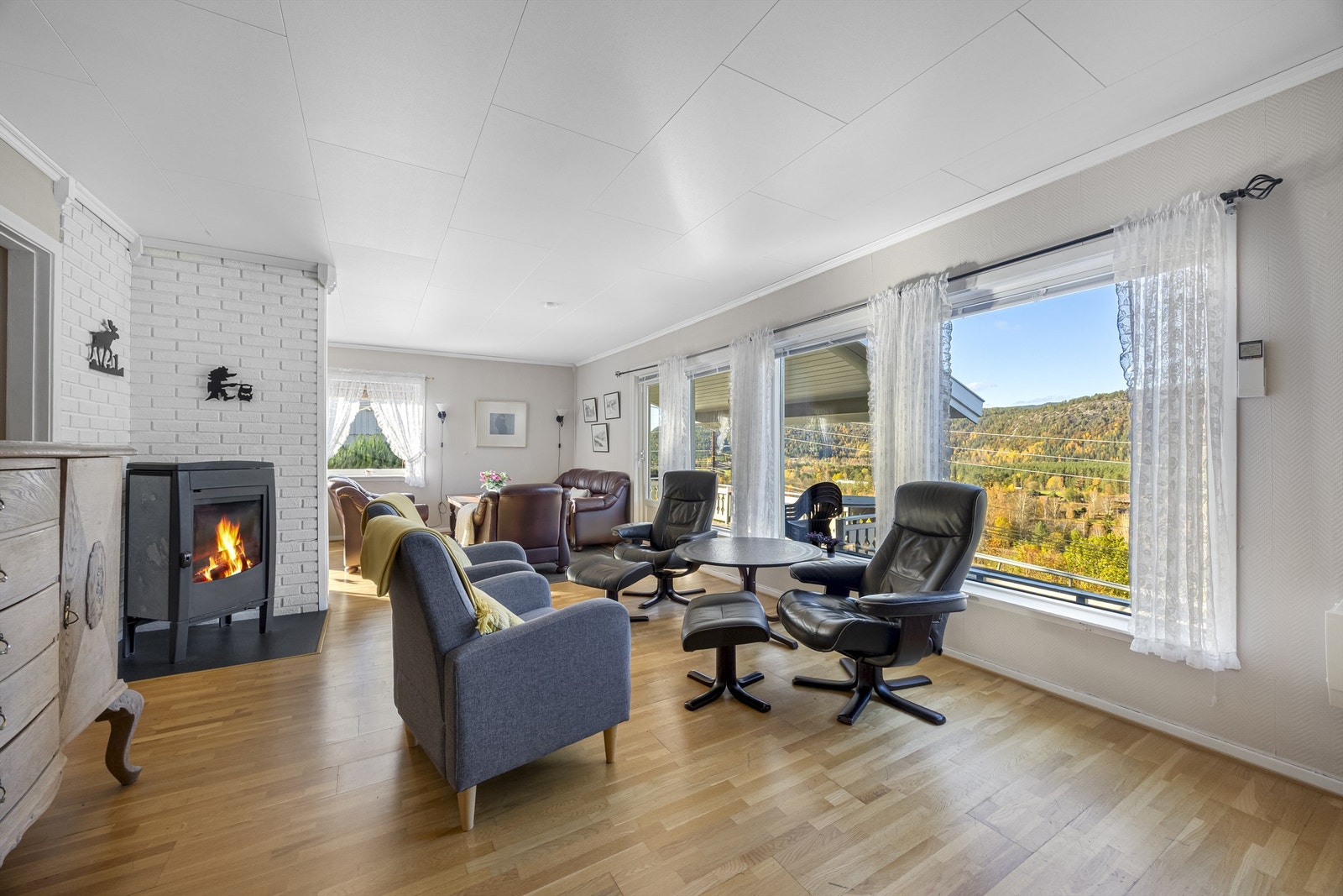 Stor stue med peisovn og varmepumpe. Galleribilde