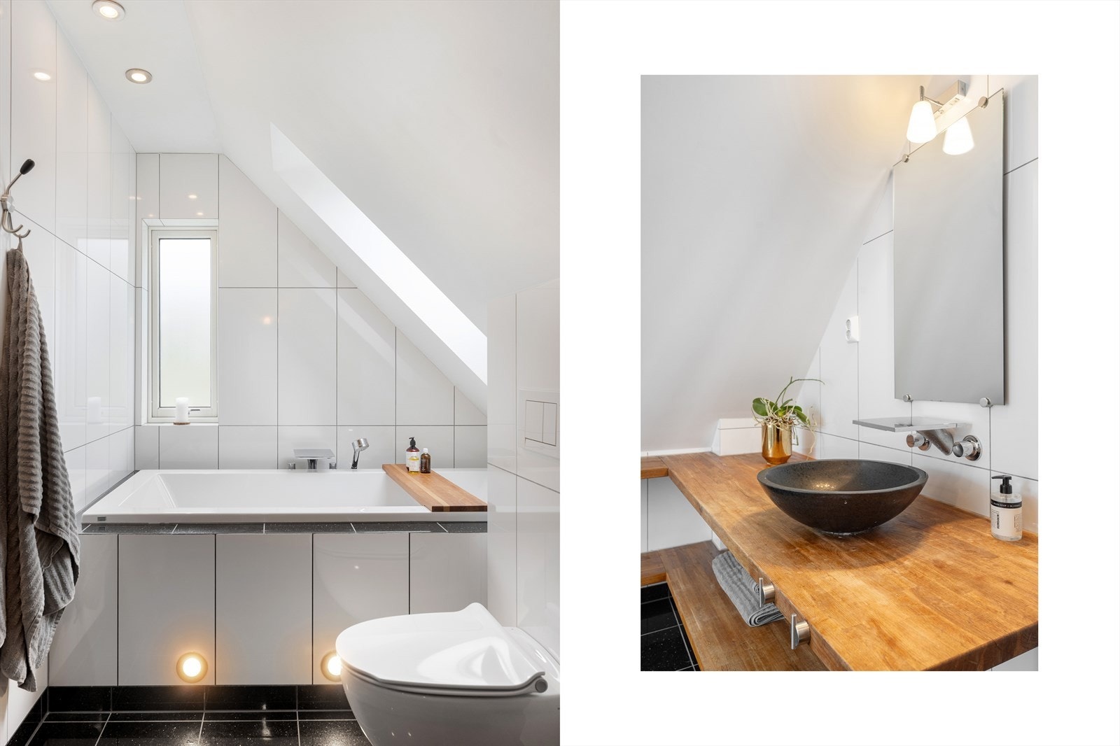 Badet er innredet med vegghengt toalett, dusjhjørne og badekar Galleribilde