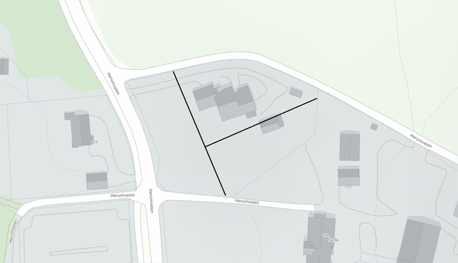 Enkelt skissert. Eksempel på fradeling av tomten: én tomt for tomannsbolig, (venstre) og en tomt for enebolig, (høyre). Dette er kun en illustrasjonsskisse. Galleribilde