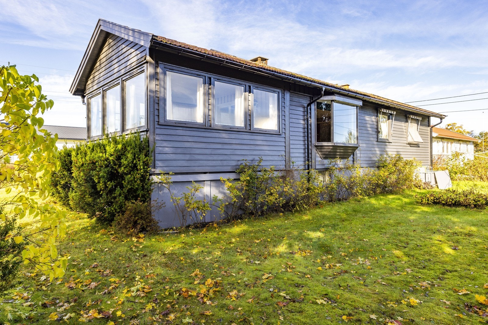 Opparbeidet selveiertomt med gruset gårdsplass, plenarealer og beplantning. Galleribilde