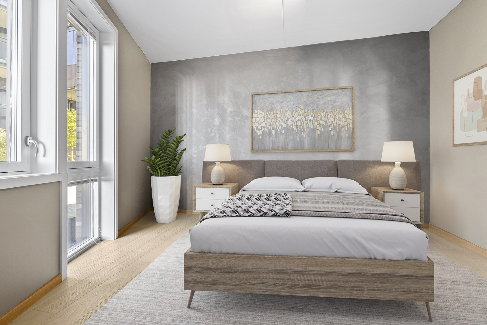 Tre lyse soverom som alle framstår behagelige med fine vindusflater. (Bildet er digitalt møblert) Galleribilde