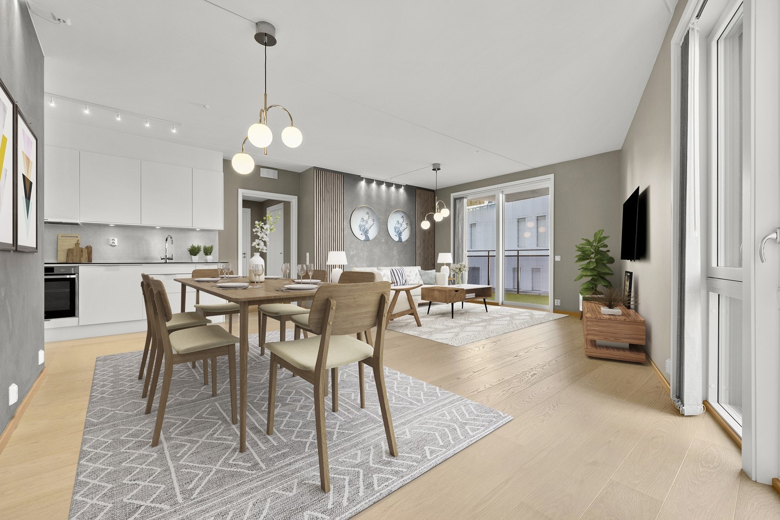 Luftig og stor stue i kombinasjon med kjøkken og med utgang til balkong. (Bildet er digitalt møblert) Galleribilde