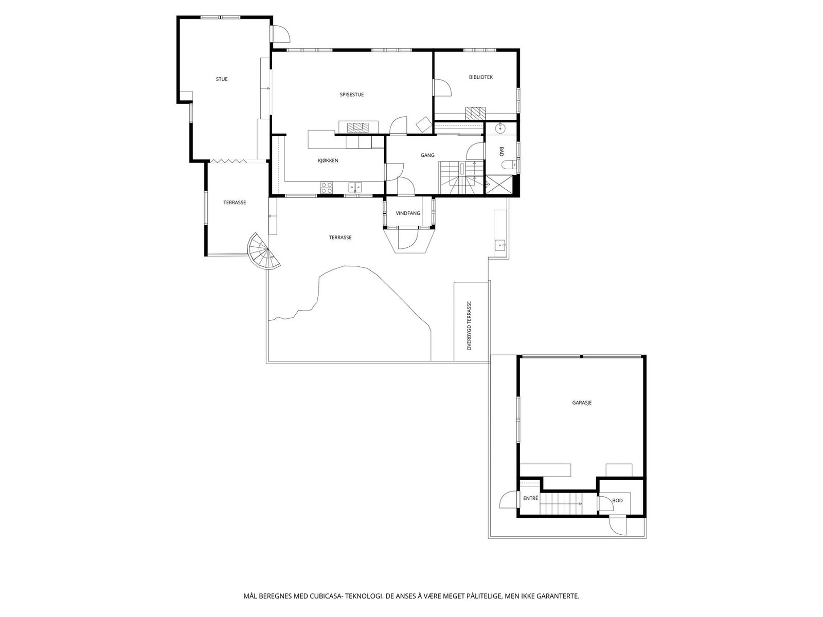 Veiledende planskisse av 1. etasje i hoveddel og garasje. Galleribilde