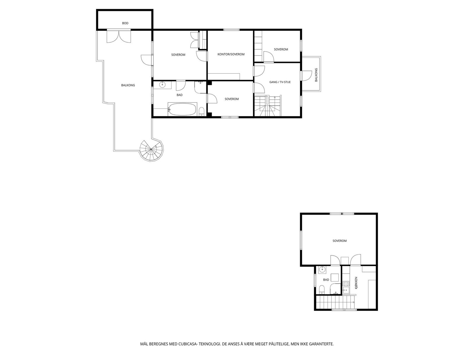 Veiledende planskisse av 2. etasje i hoveddel og utleiedel. Galleribilde