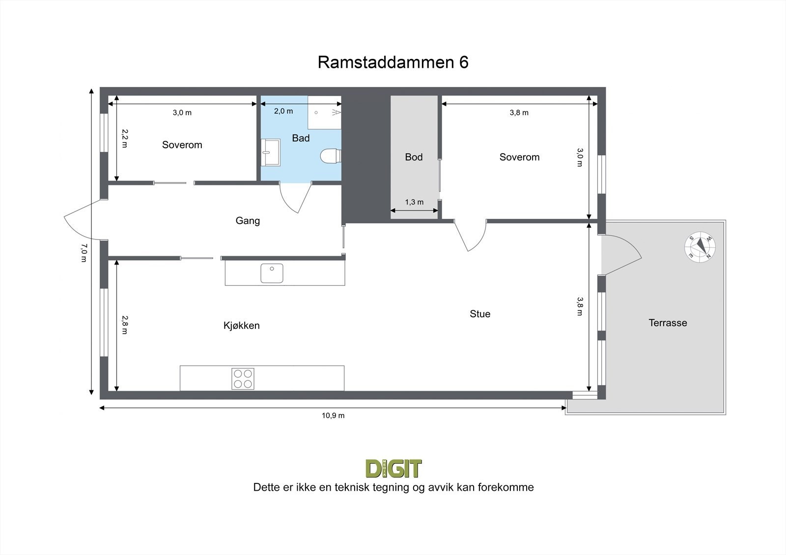 Plantegningen viser en arealeffektiv planløsning med to soverom, bad, bod og en sosial, åpen sone. Galleribilde