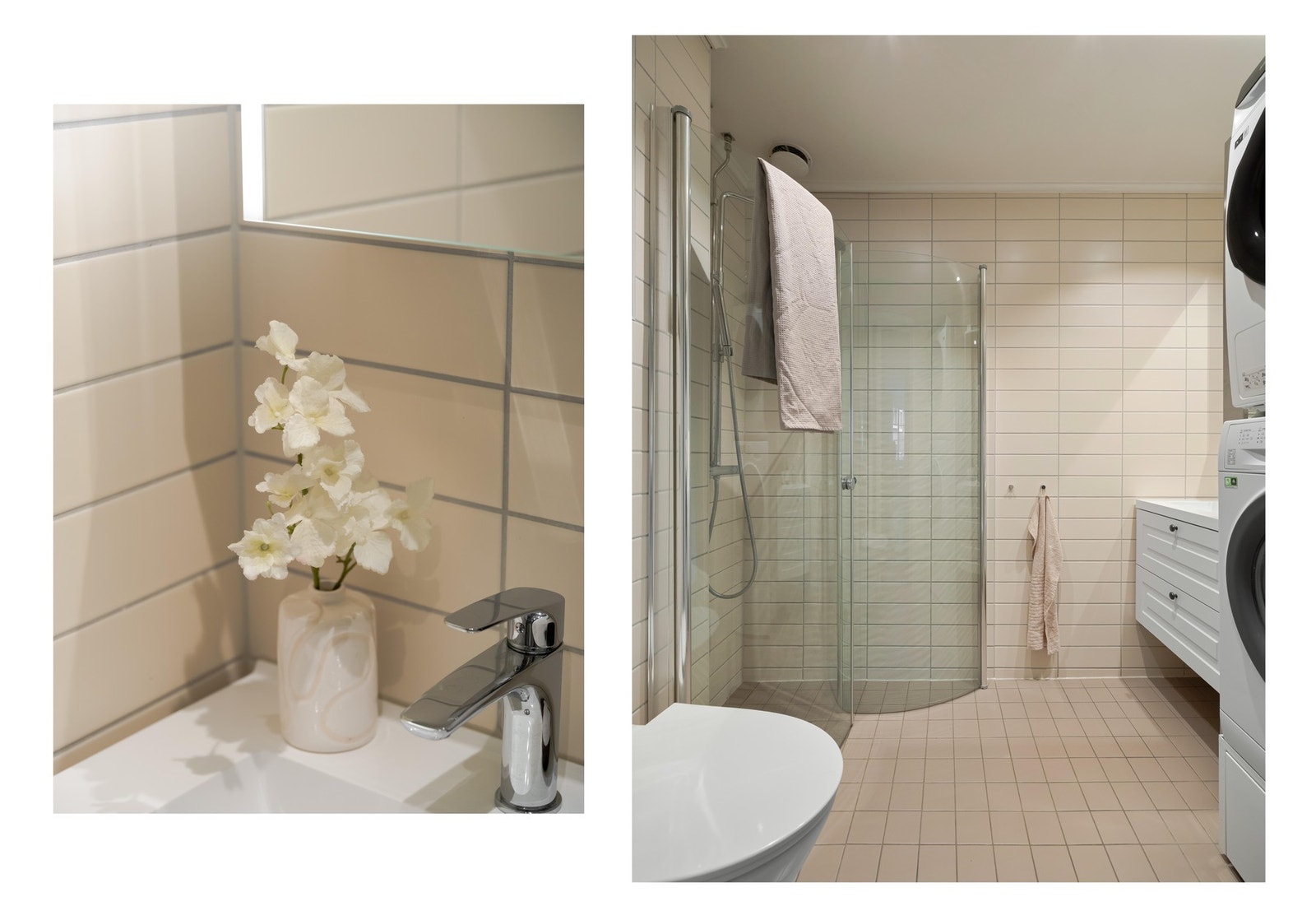 Badet ble pusset opp i 2009 i regi av borettslaget. Det er flislagt med varme i gulv, og nyere baderomsinnredning fra 2021. Galleribilde