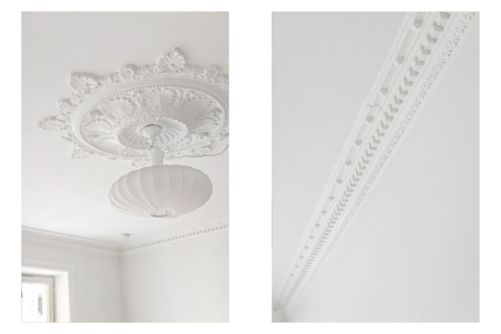Klassiske detaljer som stukkatur og rosett i stuen. Galleribilde