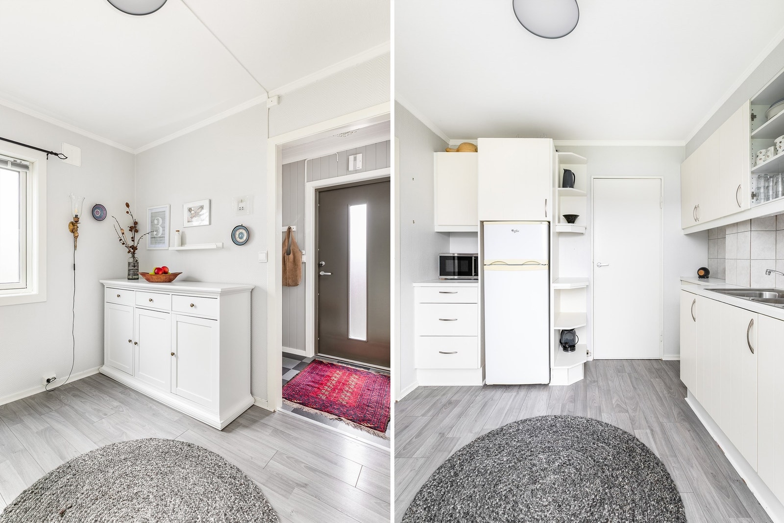 Kjøkkeninnredningen er tilrettelagt for frittstående hvitevarer. Disse medfølger ikke. Tilstøtende bod under trappen har ekstra oppbevaringsplass. Galleribilde