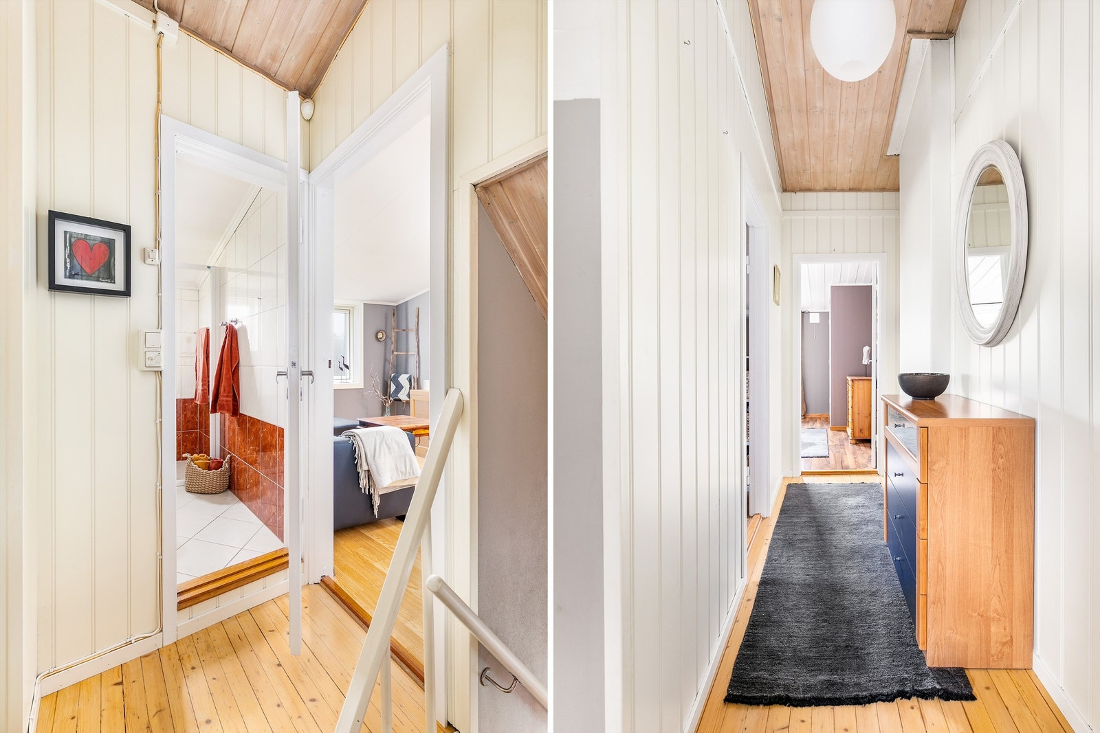 Badet er lett tilgjengelig fra gangen mellom soverommene. Himlingen over gangen skråner opp til en luftig høyde. Galleribilde