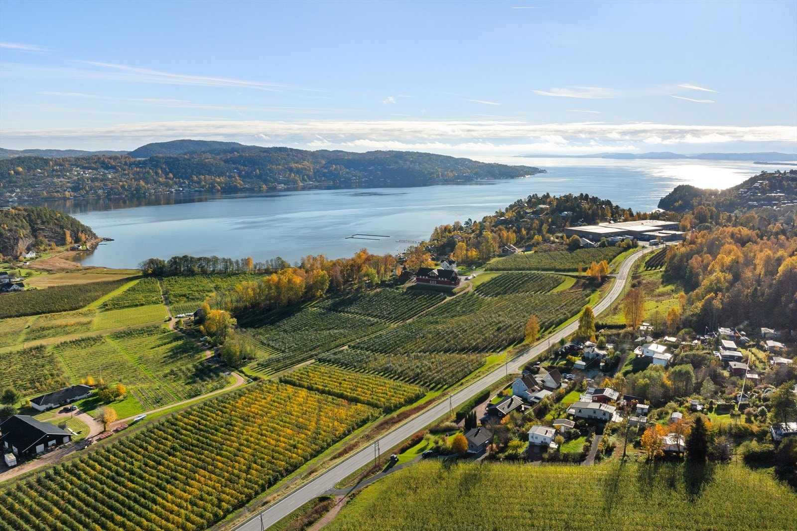 Hytta ligger fint plassert i et landskap bestående av mange frukttrær Galleribilde