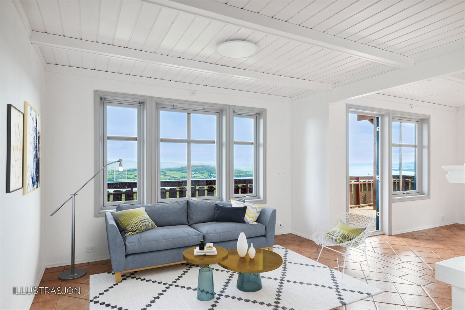 Illustrasjon om hvordan stuen kan møbleres. Tilgang til balkong fra stuen. Galleribilde