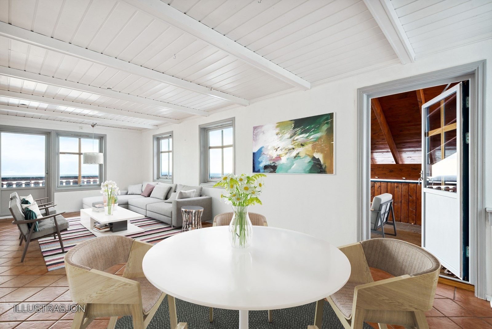 Lys og fin stue, tilgang til balkong fra begge sider (illustrasjon). Galleribilde