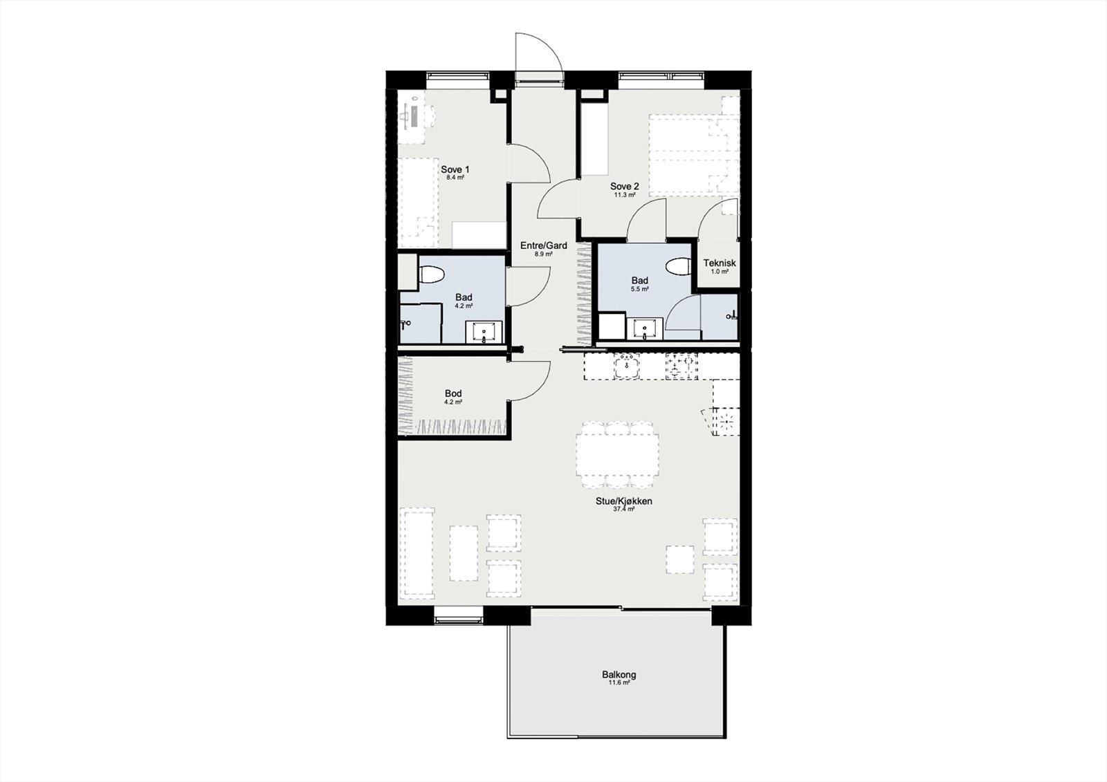 Plantegning på leilighetstype 2 på 86 kvm Galleribilde