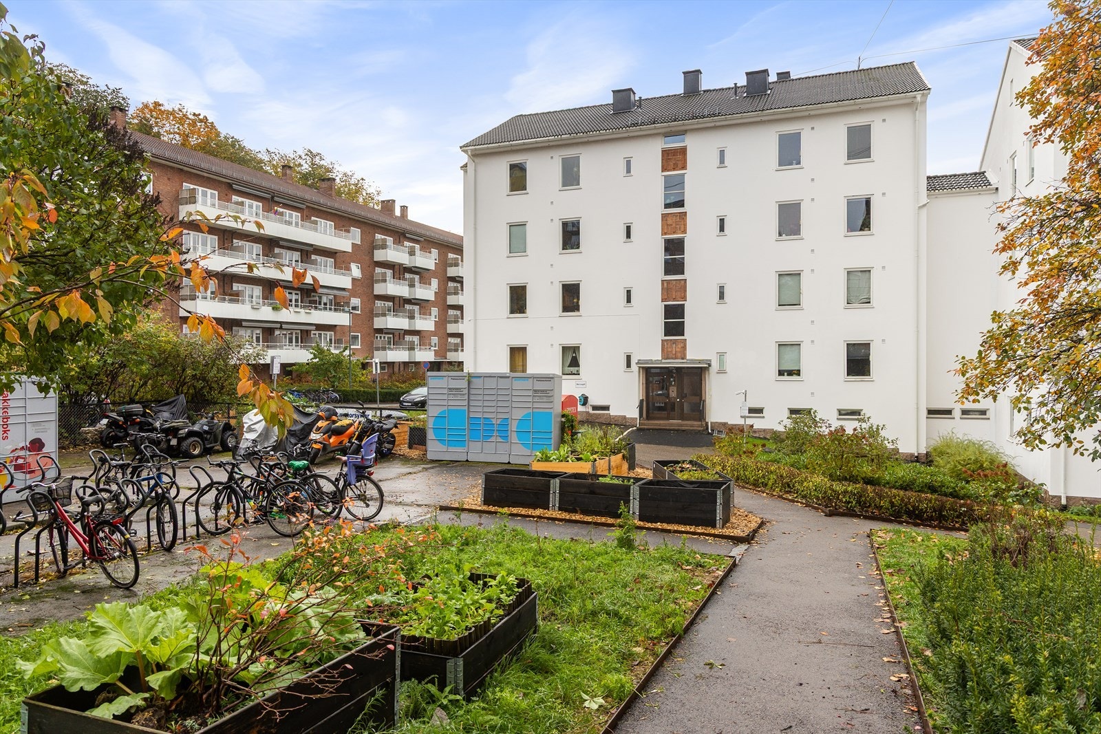 På borettslagets tomt er det parsellhage og sykkelparkering. Galleribilde