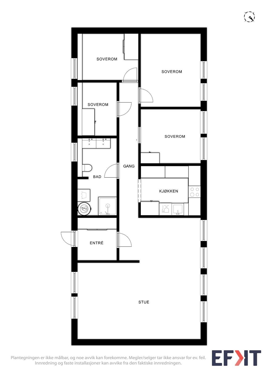 Plantegning. Soverommene mot øst er ikke godkjent som soverom og omtales av megler som boder. Galleribilde