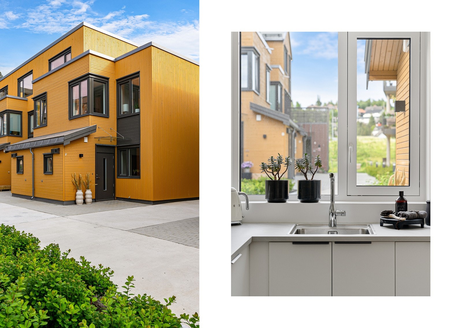 Bilen parkerer du på egen plass med elbillader, i ett oppvarmet, felles garasjeanlegg. Dette sørger for et bilfritt og meget pent opparbeidet fellestun, steinlagt og beplantet for et ryddig uttrykk. Galleribilde