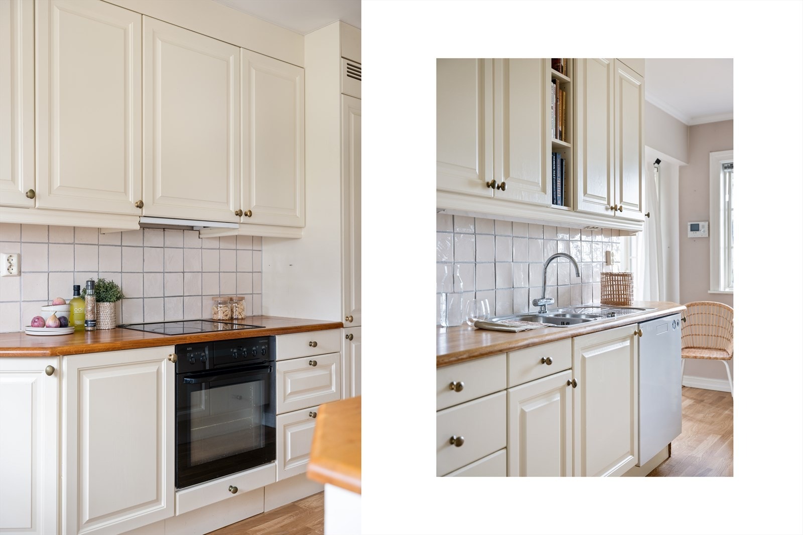 Et lyst kjøkken med klassiske, profilerte fronter. Galleribilde