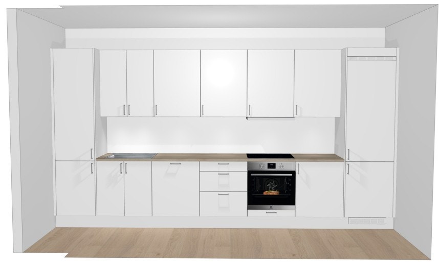 Kjøkkentegninger for leiligheten. Flott Sigdal-kjøkken med integrerte hvitevarer fra Electrolux Galleribilde