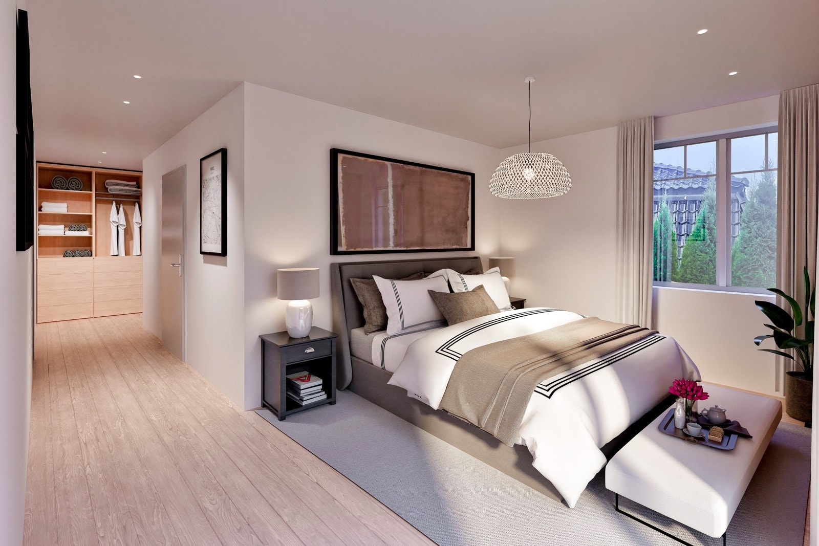 I master avdelingen får du et luftig og deilig soverom med stort vindu uten innsyn og doble dører ut til egen terrasse med sol hele dagen. 3D iIlustrasjon - avvik kan forekomme Galleribilde