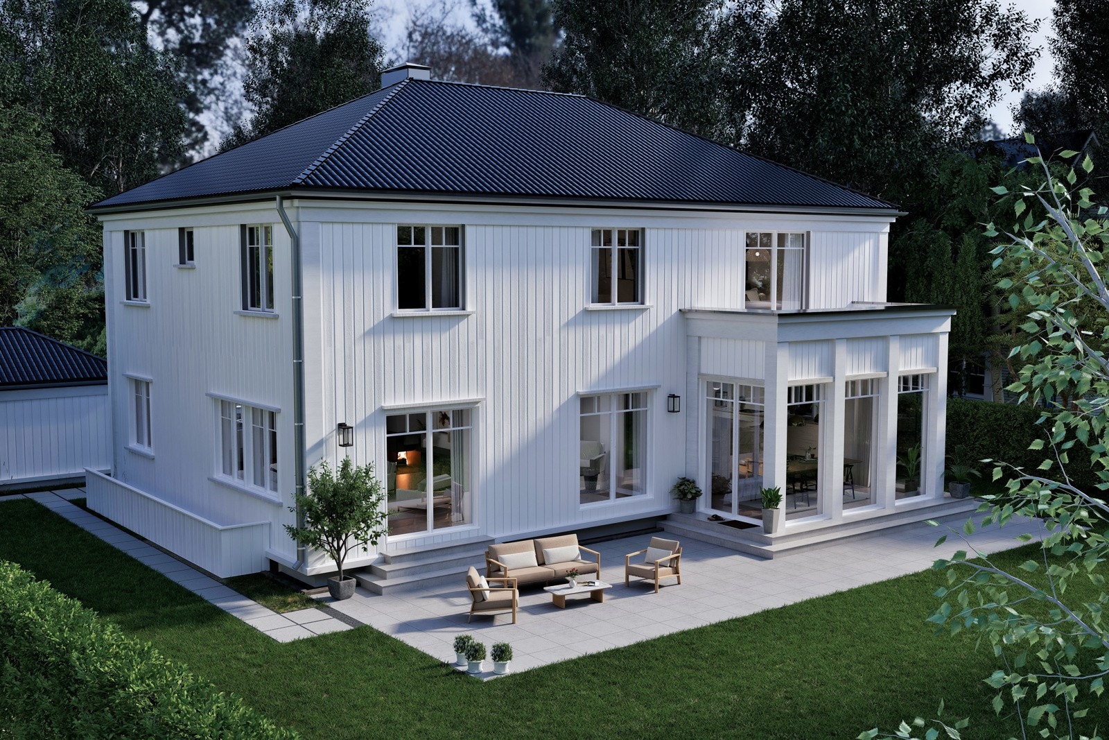 Her er det god mulighet for å skape flere fine soner hvor du kan nyte sene kvelder. 3D iIlustrasjon - avvik kan forekomme Galleribilde