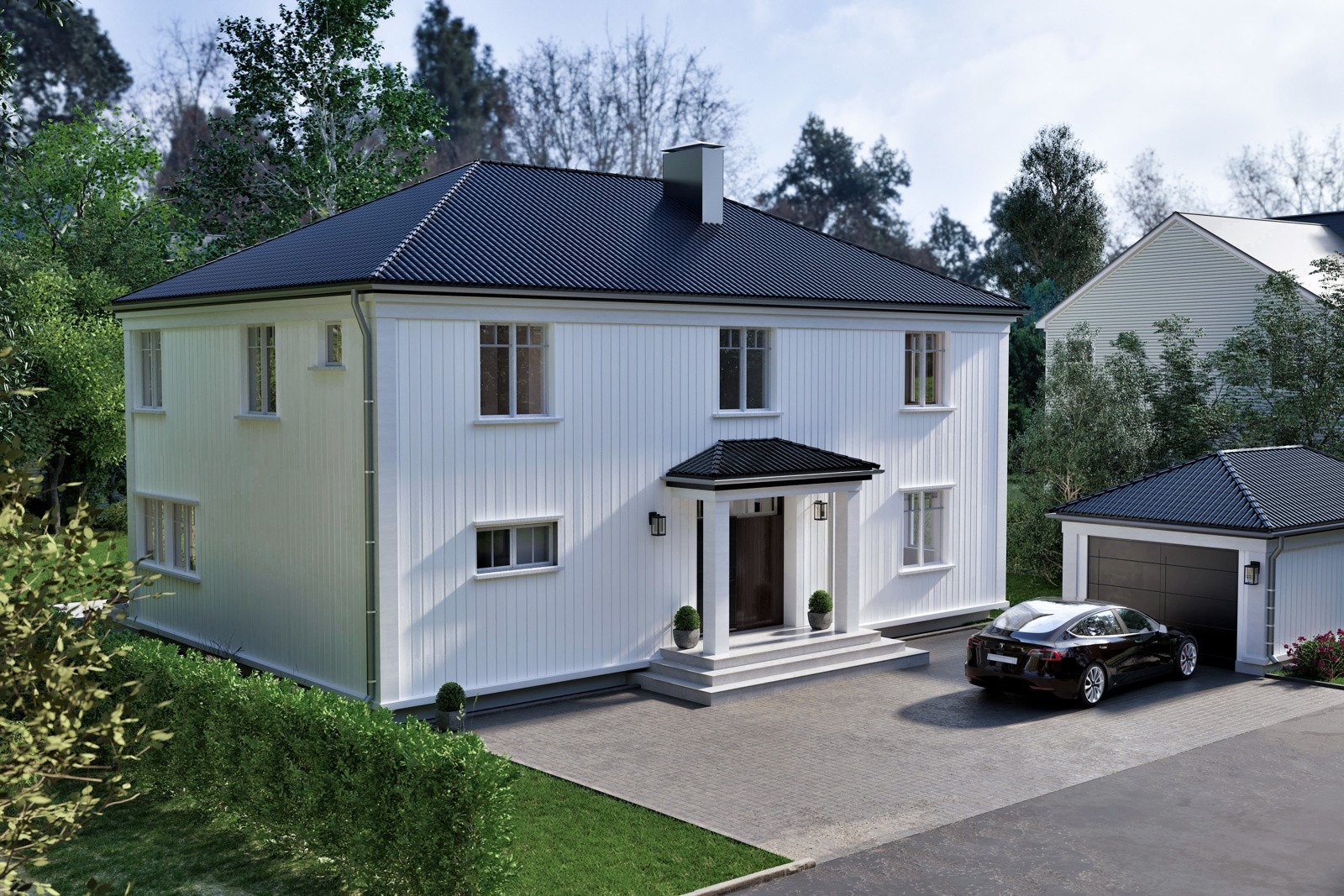 Stor og fin gårdsplass med asfalt innrammet i brostein foran den vakre fasaden og inngangspartiet. 3D iIlustrasjon - avvik kan forekomme Galleribilde