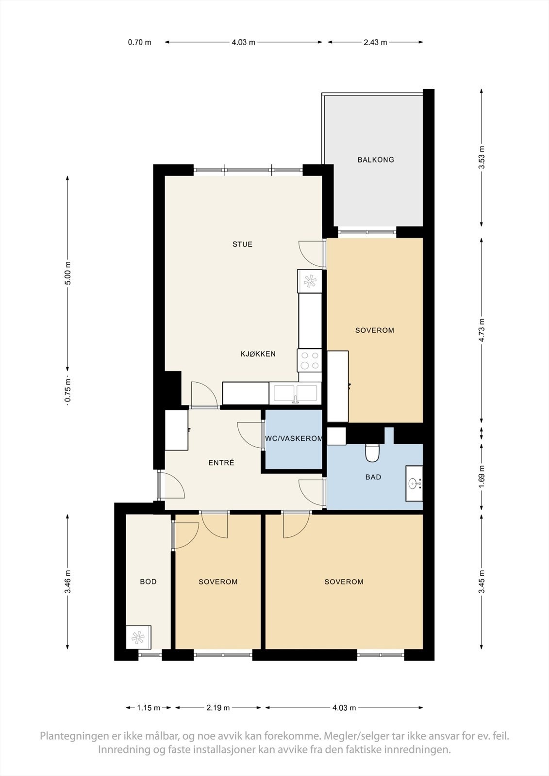 PLANTEGNING 1. ETG | Leiligheten ligger i byggets 1. etasje med familievennlig planløsning bestående av entrè, tre gode soverom, bod, flislagt bad med dobbeldusj, WC med opplegg til vaskemaskin, åpen stue-/kjøkkenløsning med adkomst til balkong. Galleribilde