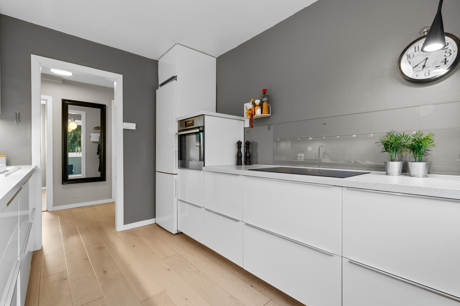 Hvitevarene er integrerte foruten kjøle-/fryseskap og består av induksjonplatetopp, stekeovn og oppvaskmaskin. Galleribilde