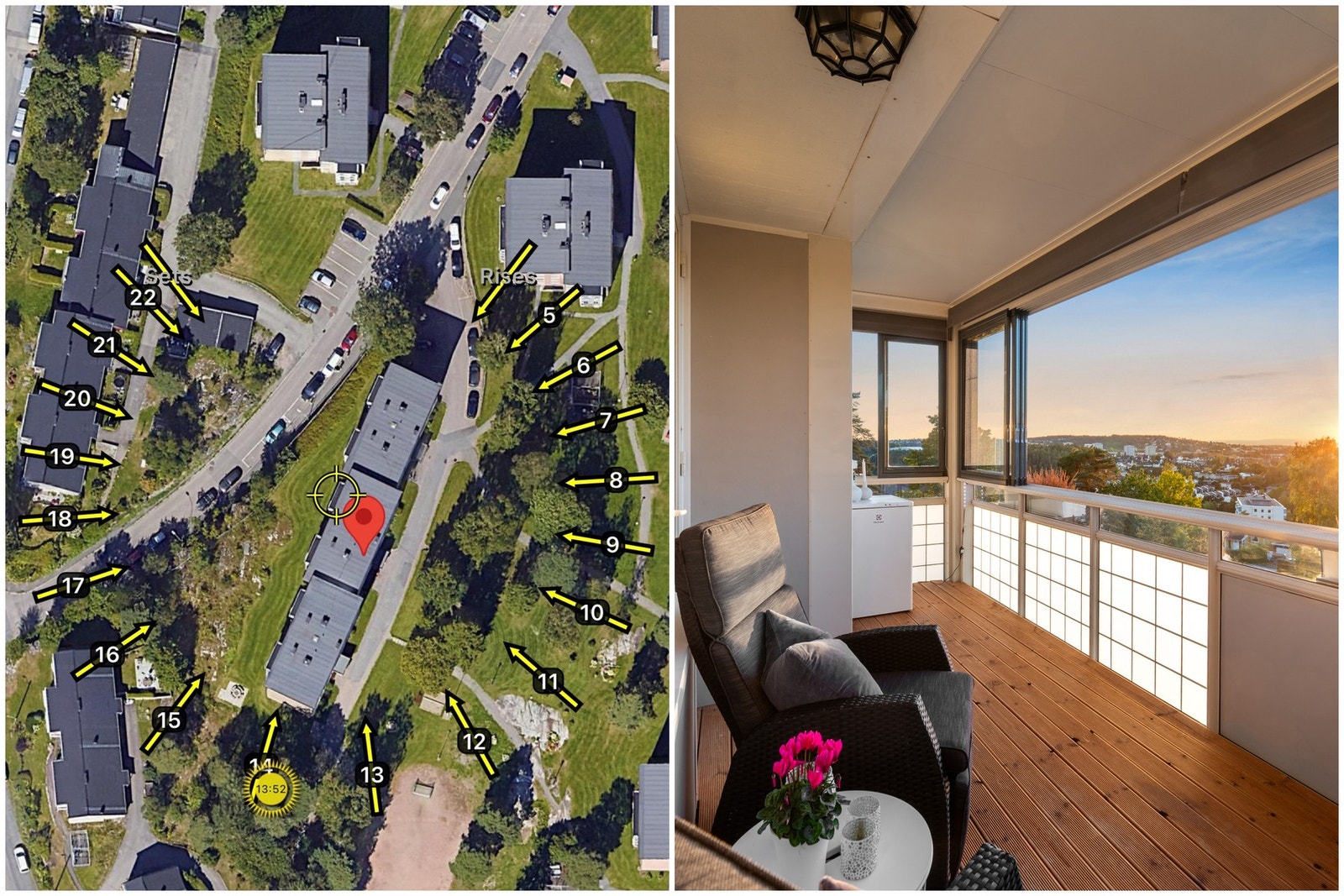 Den vestvendte beliggenheten sørger for meget gode solforhold på balkongen. Det er montert rullegardiner på innsiden for solskjerming. Galleribilde